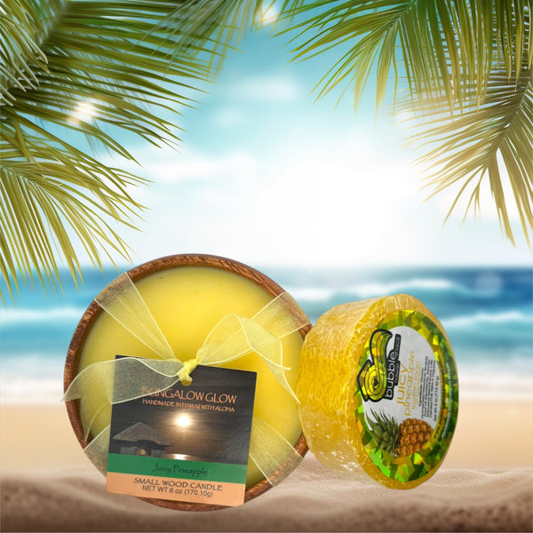 coconut water and palm leaf candle MADE IN HAWAII, Juicy Pineapple Loofah Lather/Soy Poi Candle Gift Set