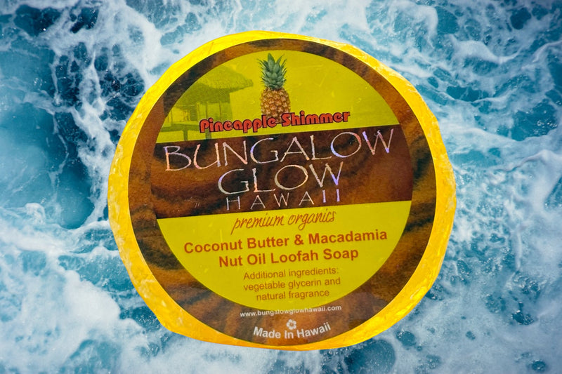 MADE IN HAWAII.Pineapple Shimmer Premium Organics Coconut Butter Sticker Loofah Soap