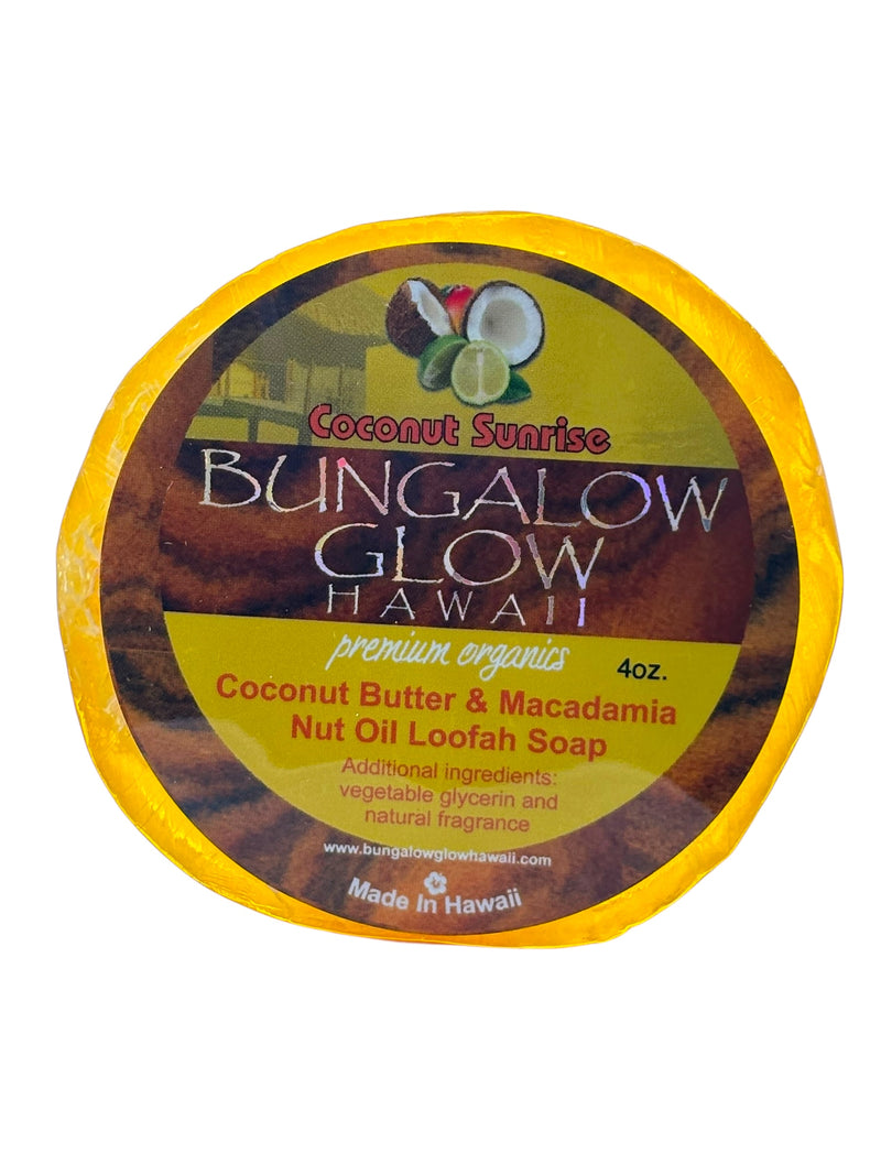 MADE IN HAWAII. Coconut Sunrise Premium Organics Coconut Butter Sticker Loofah Soap