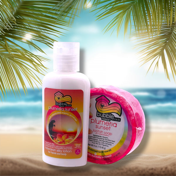 MADE IN HAWAII, Plumeria Sunset Mini Lotion and Loofah Soap Gift Set.