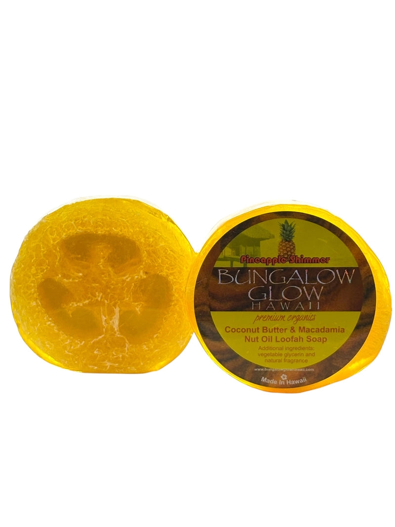 MADE IN HAWAII.Pineapple Shimmer Premium Organics Coconut Butter Sticker Loofah Soap