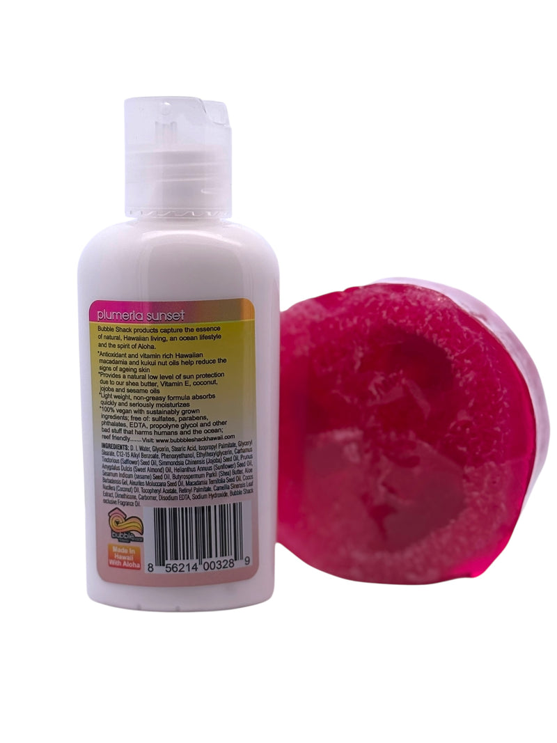 MADE IN HAWAII, Plumeria Sunset Mini Lotion and Loofah Soap Gift Set.