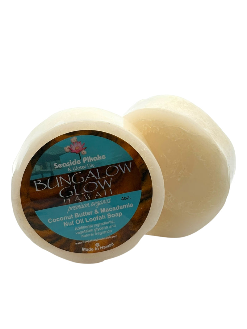 MADE IN HAWAII.Seaside Pikake + Water Lily Premium Organics Coconut Butter Loofah Soap