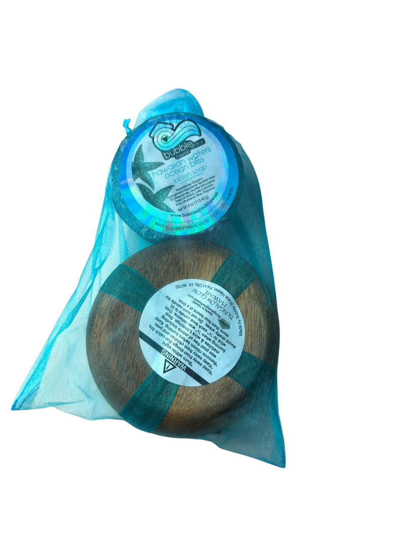 MADE IN HAWAII, Hawaiian Waters Ocean Bliss Loofah Lather / Soy Poi Candle Gift Set.