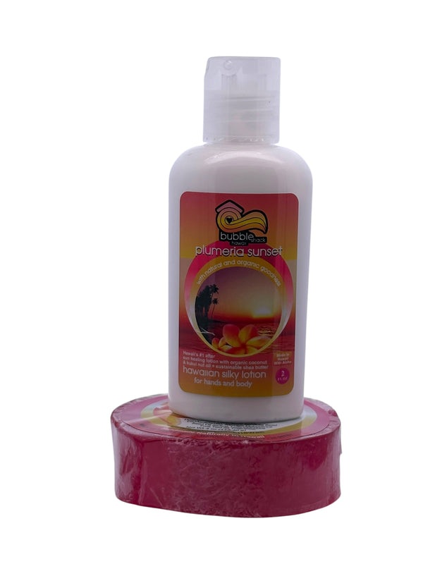 MADE IN HAWAII, Plumeria Sunset Mini Lotion and Loofah Soap Gift Set.