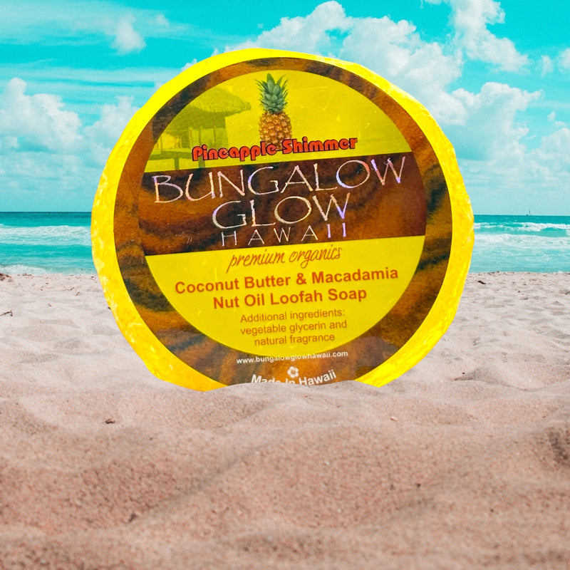 MADE IN HAWAII.Pineapple Shimmer Premium Organics Coconut Butter Sticker Loofah Soap