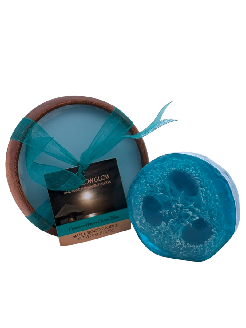 MADE IN HAWAII, Hawaiian Waters Ocean Bliss Loofah Lather / Soy Poi Candle Gift Set.