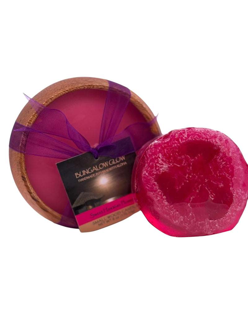 MADE IN HAWAII, Sweet Hawaiian Plumeria Loofah Lather/Soy Poi Candle Gift Set.