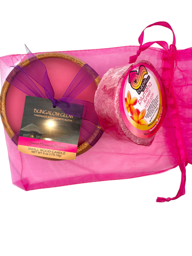 MADE IN HAWAII, Sweet Hawaiian Plumeria Loofah Lather/Soy Poi Candle Gift Set.