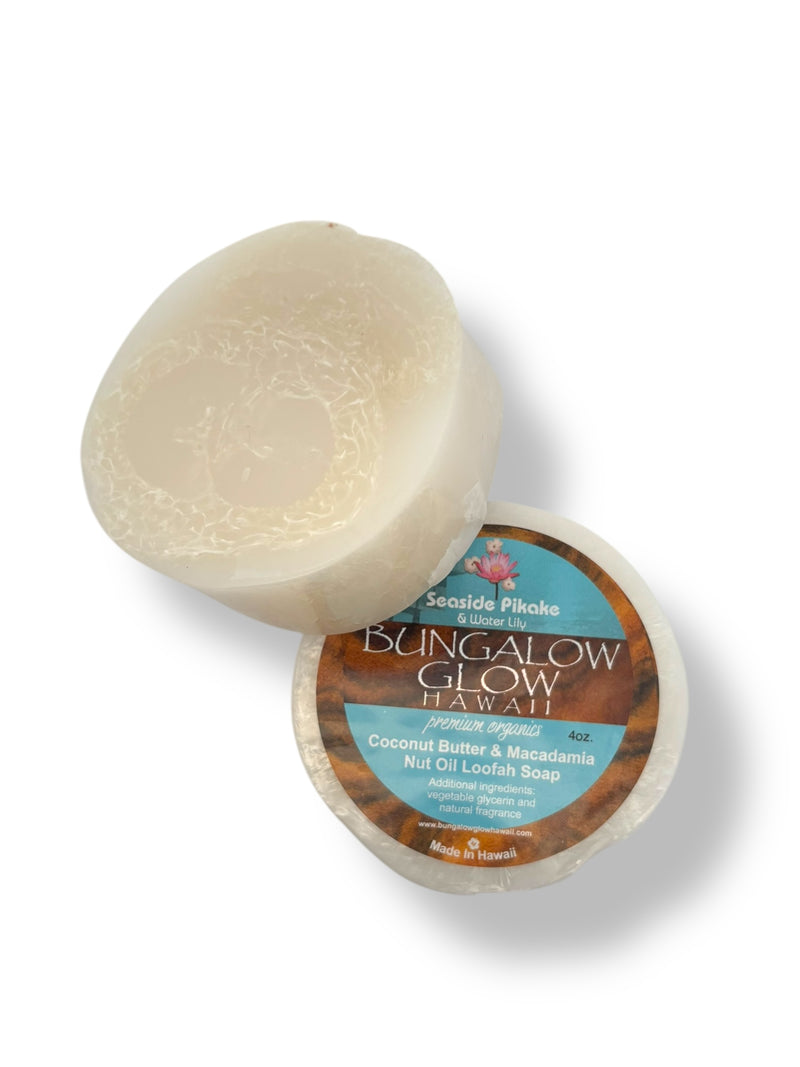 MADE IN HAWAII.Seaside Pikake + Water Lily Premium Organics Coconut Butter Loofah Soap
