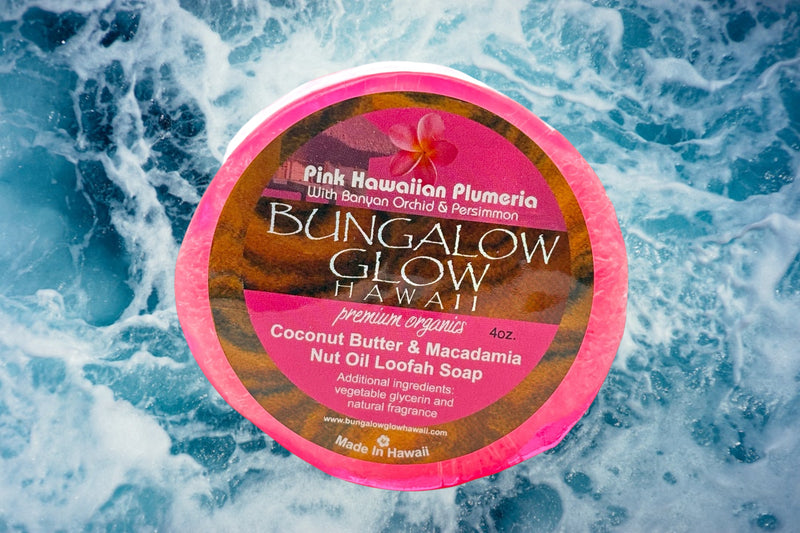 MADE IN HAWAII. Pink Hawaiian Plumeria Premium Organics Coconut Butter Sticker Loofah Soap