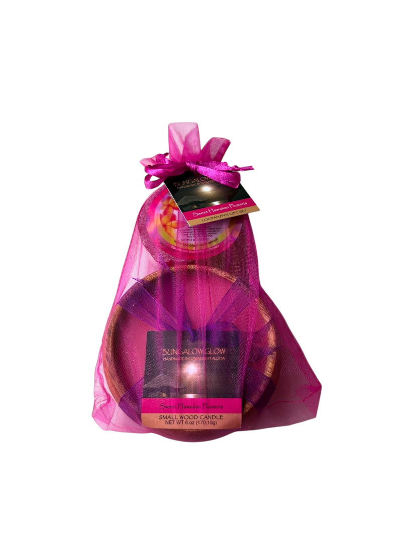MADE IN HAWAII, Sweet Hawaiian Plumeria Loofah Lather/Soy Poi Candle Gift Set.