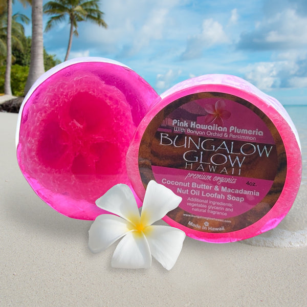 MADE IN HAWAII. Pink Hawaiian Plumeria Premium Organics Coconut Butter Sticker Loofah Soap