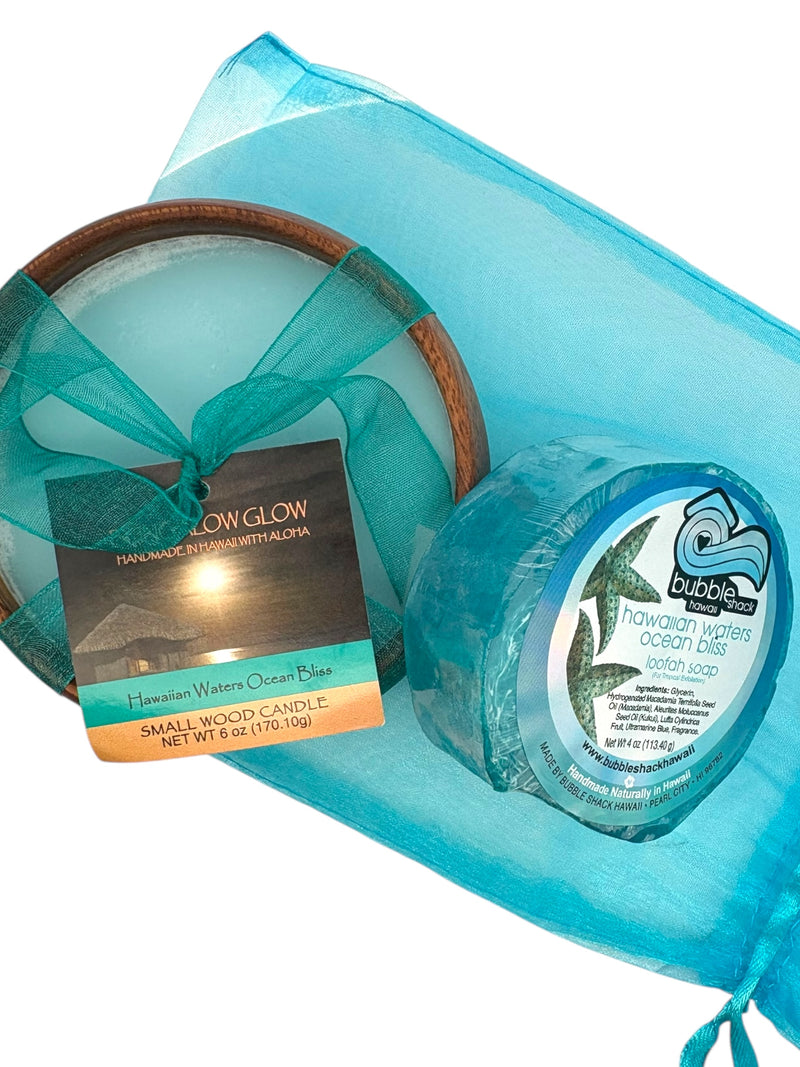 MADE IN HAWAII, Hawaiian Waters Ocean Bliss Loofah Lather / Soy Poi Candle Gift Set.