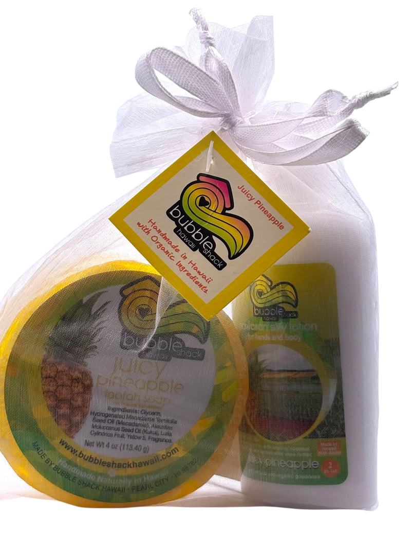 MADE IN HAWAII, Juicy Pineapple Mini Lotion and Loofah Soap Gift Set.