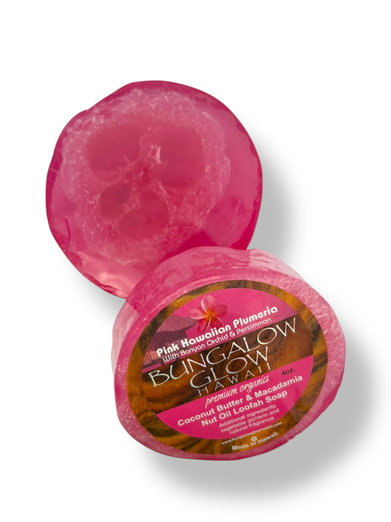 MADE IN HAWAII. Pink Hawaiian Plumeria Premium Organics Coconut Butter Sticker Loofah Soap