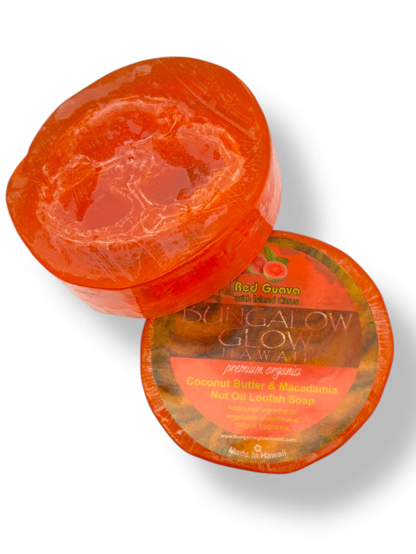 MADE IN HAWAII.Red Guava with Island Citrus Premium Organics Coconut Butter Sticker Loofah Soap
