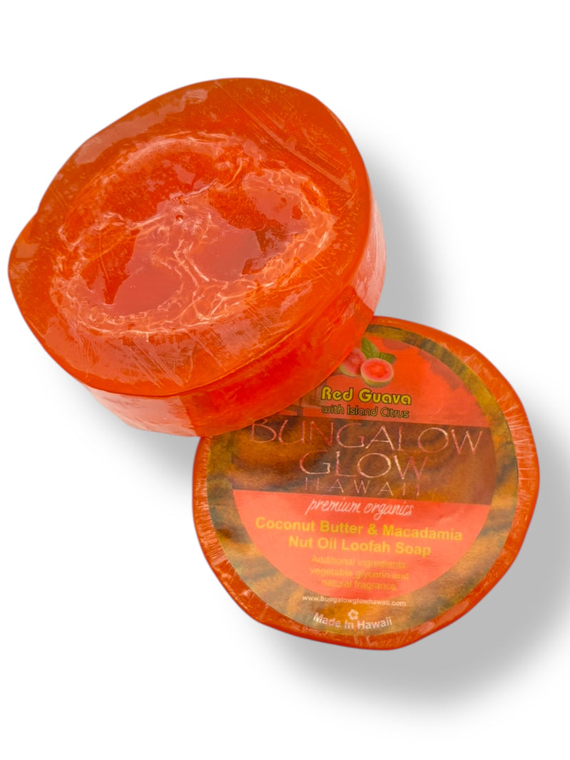 MADE IN HAWAII.Red Guava with Island Citrus Premium Organics Coconut Butter Sticker Loofah Soap