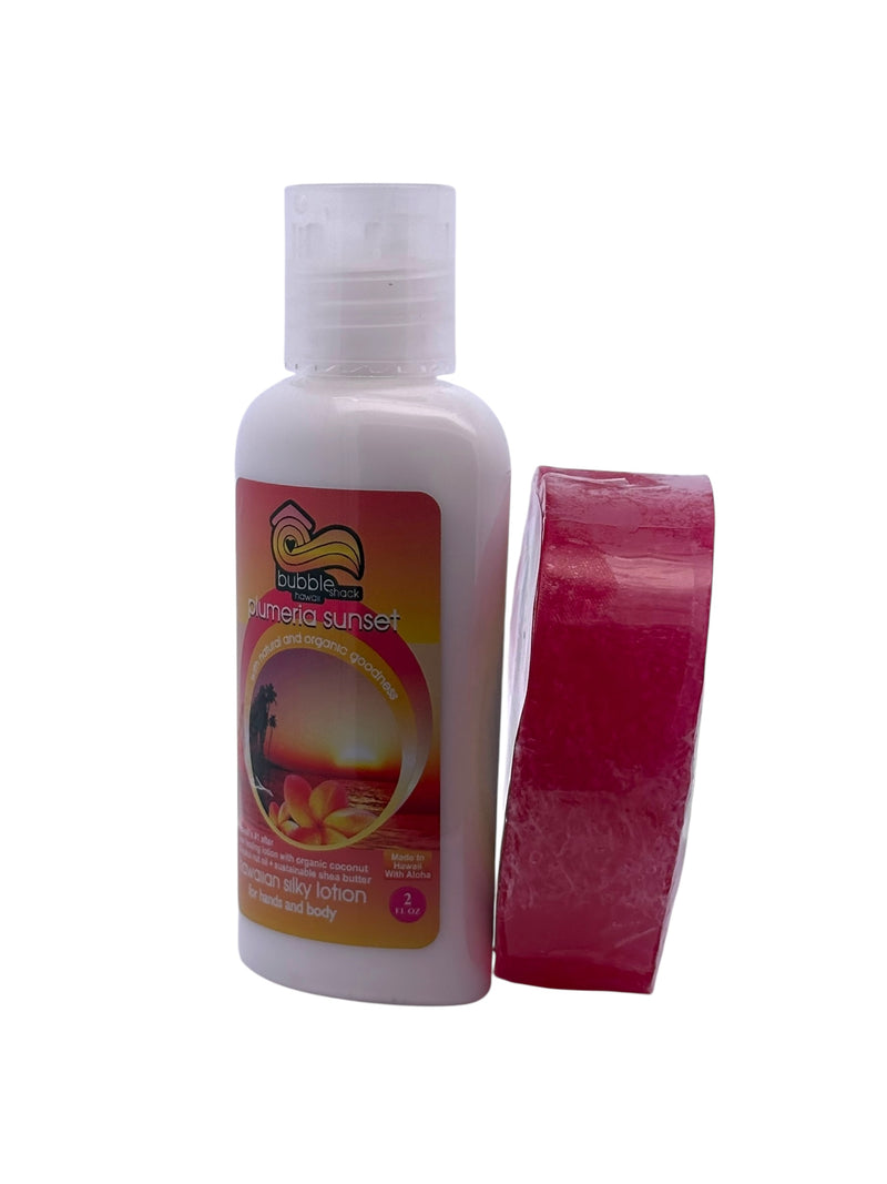 MADE IN HAWAII, Plumeria Sunset Mini Lotion and Loofah Soap Gift Set.