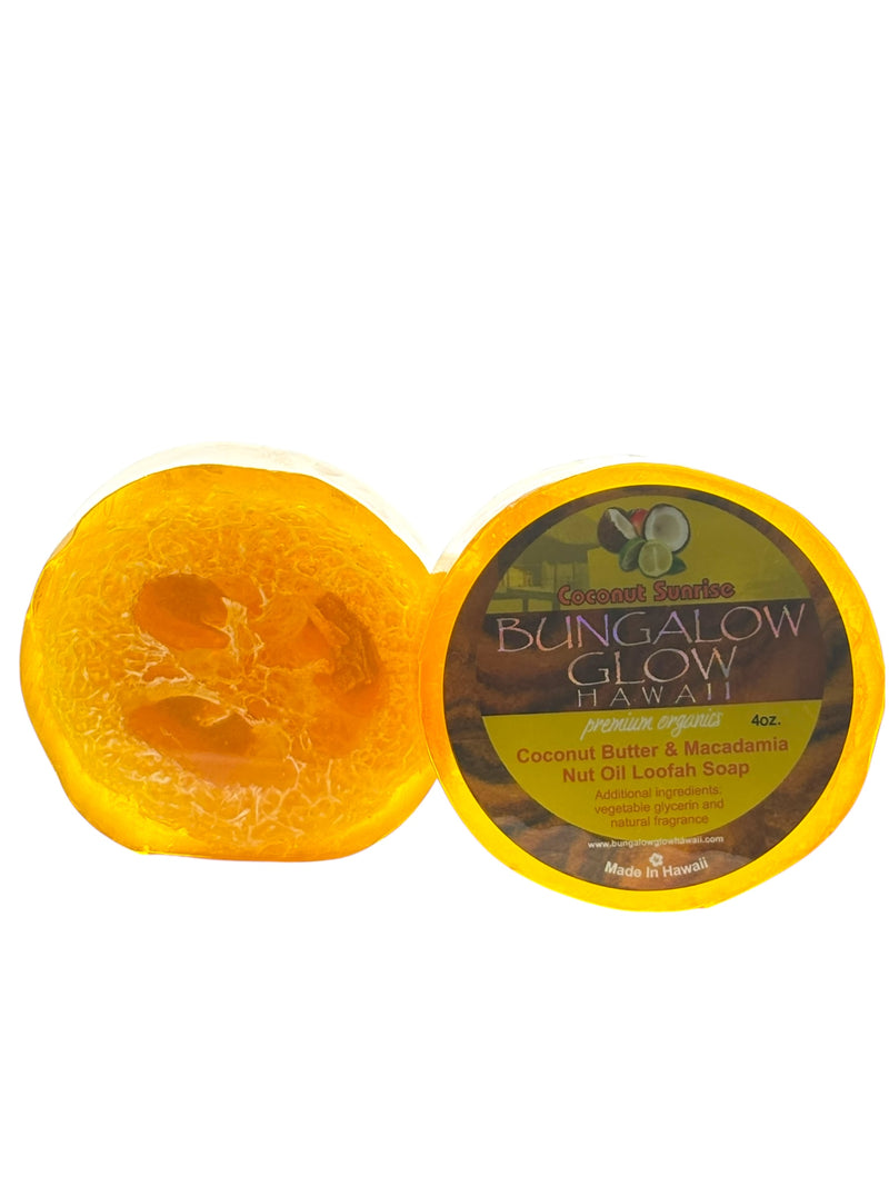 MADE IN HAWAII. Coconut Sunrise Premium Organics Coconut Butter Sticker Loofah Soap