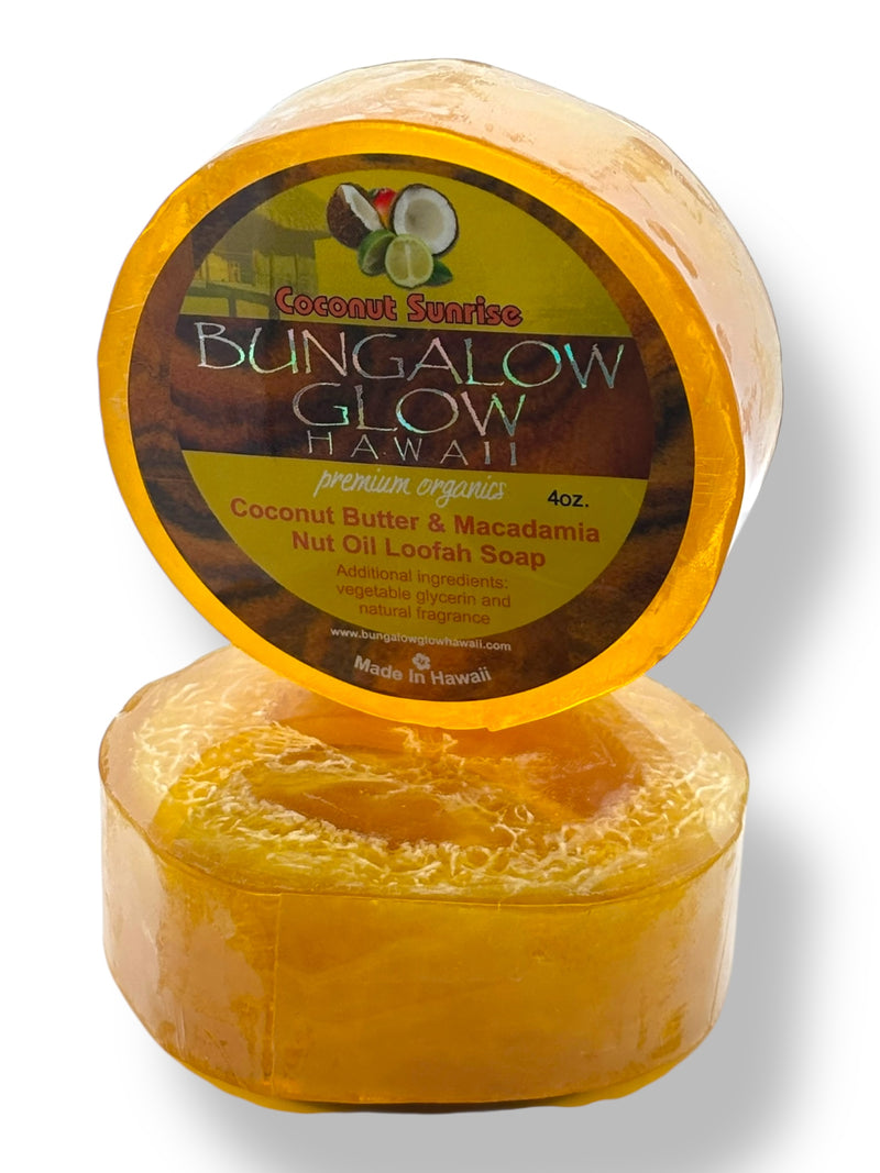 MADE IN HAWAII. Coconut Sunrise Premium Organics Coconut Butter Sticker Loofah Soap