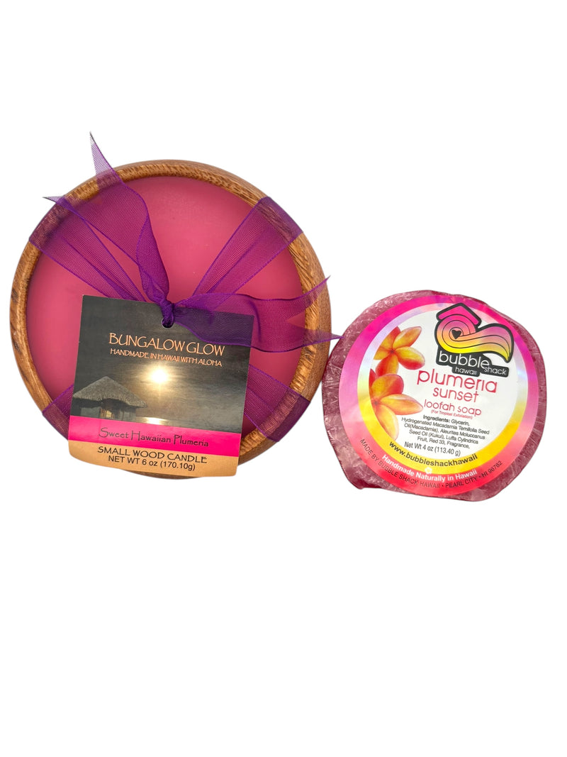MADE IN HAWAII, Sweet Hawaiian Plumeria Loofah Lather/Soy Poi Candle Gift Set.