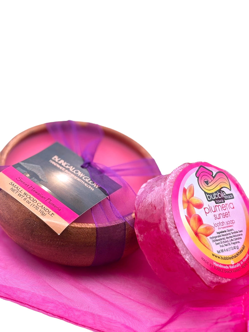 MADE IN HAWAII, Sweet Hawaiian Plumeria Loofah Lather/Soy Poi Candle Gift Set.