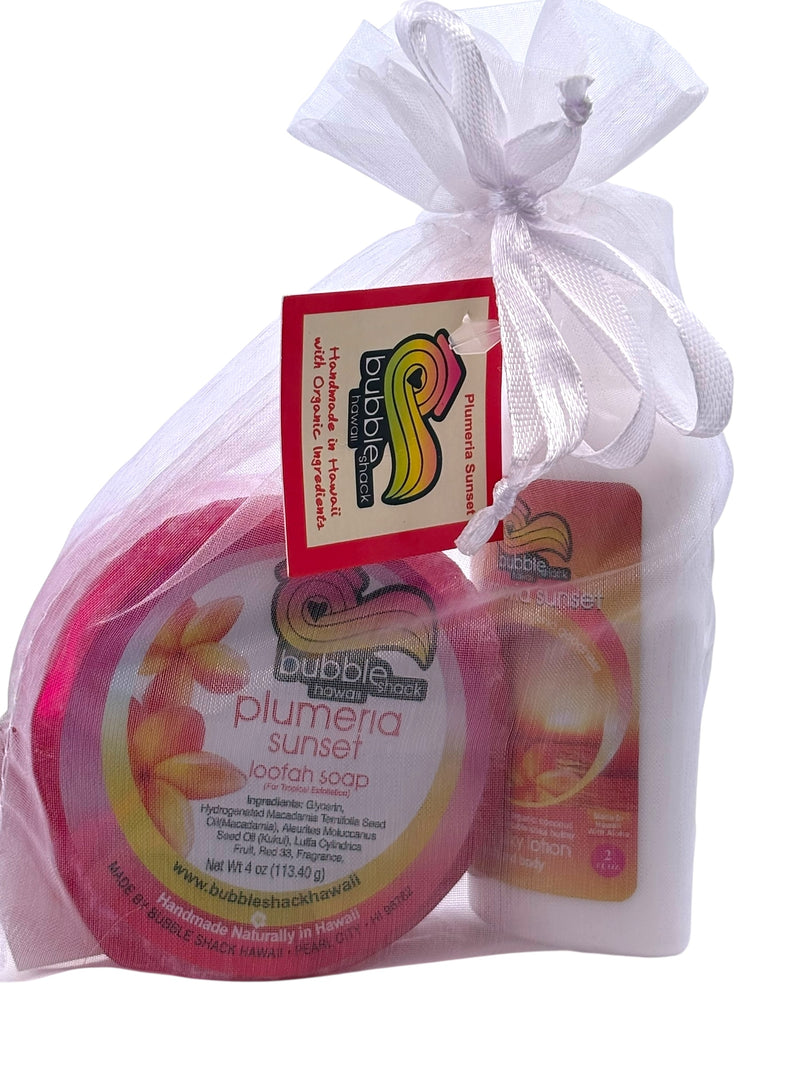 MADE IN HAWAII, Plumeria Sunset Mini Lotion and Loofah Soap Gift Set.