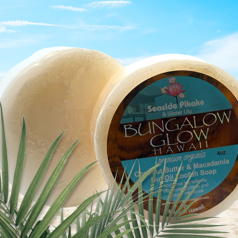 MADE IN HAWAII.Seaside Pikake + Water Lily Premium Organics Coconut Butter Loofah Soap