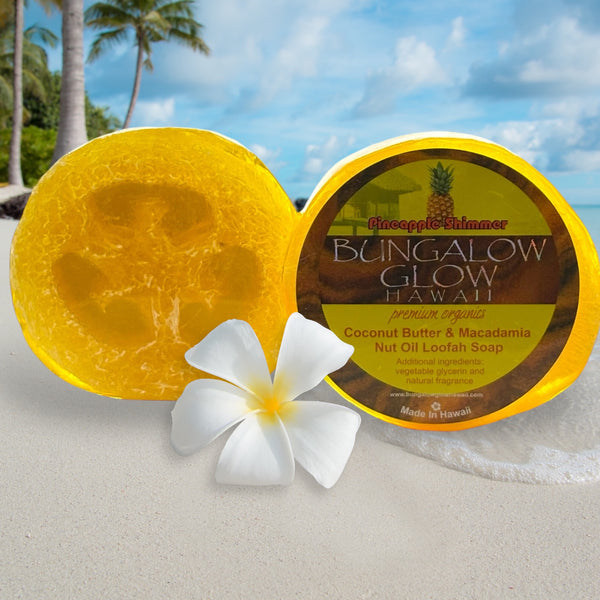 MADE IN HAWAII.Pineapple Shimmer Premium Organics Coconut Butter Sticker Loofah Soap