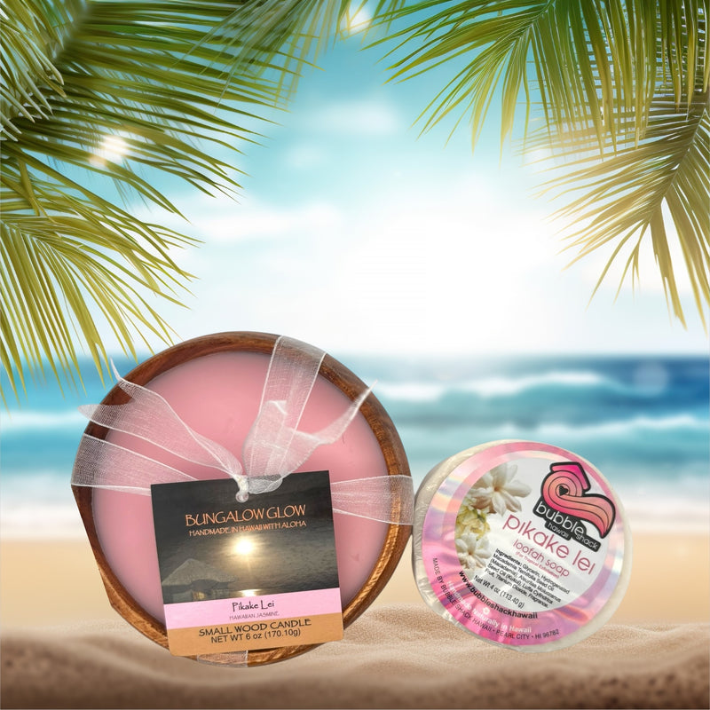 MADE IN HAWAII, Pikake Lei Loofah Lather/Soy Poi Candle Gift Set.