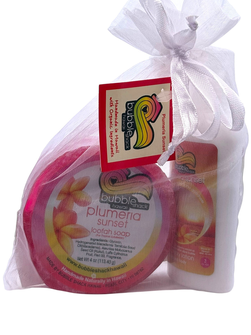 MADE IN HAWAII, Plumeria Sunset Mini Lotion and Loofah Soap Gift Set.