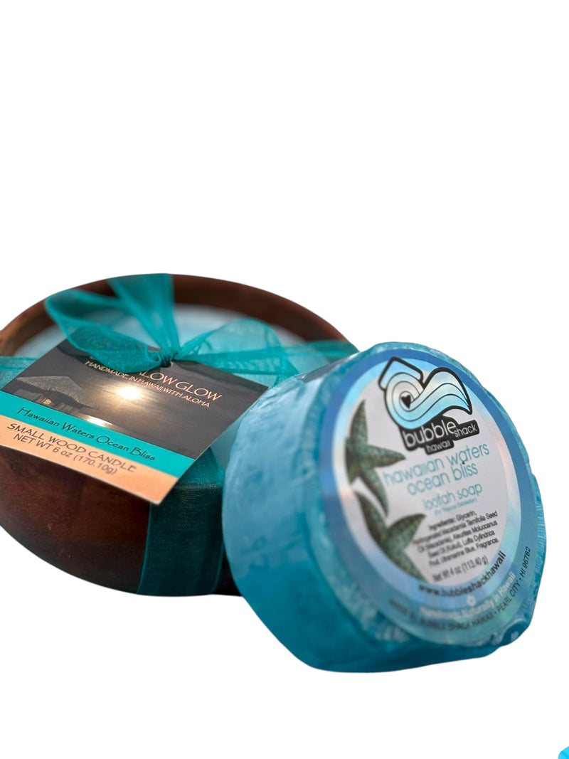 MADE IN HAWAII, Hawaiian Waters Ocean Bliss Loofah Lather / Soy Poi Candle Gift Set.