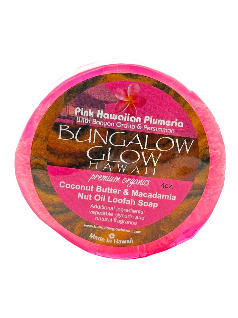 MADE IN HAWAII. Pink Hawaiian Plumeria Premium Organics Coconut Butter Sticker Loofah Soap