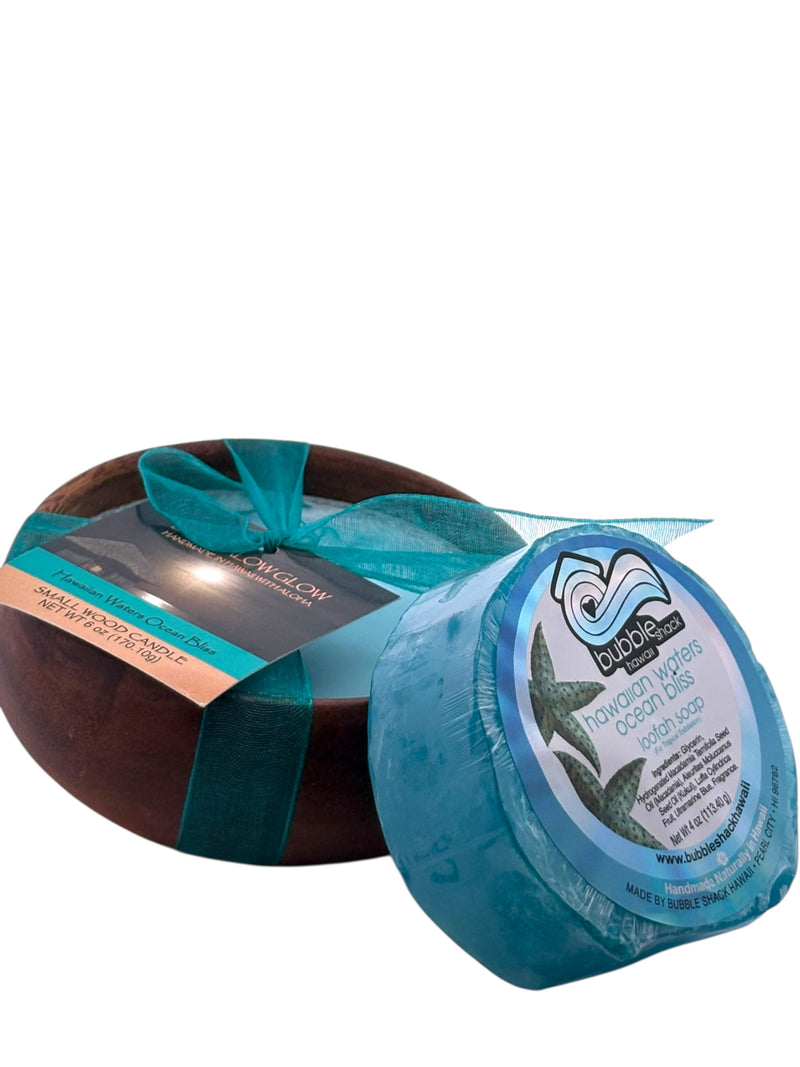MADE IN HAWAII, Hawaiian Waters Ocean Bliss Loofah Lather / Soy Poi Candle Gift Set.