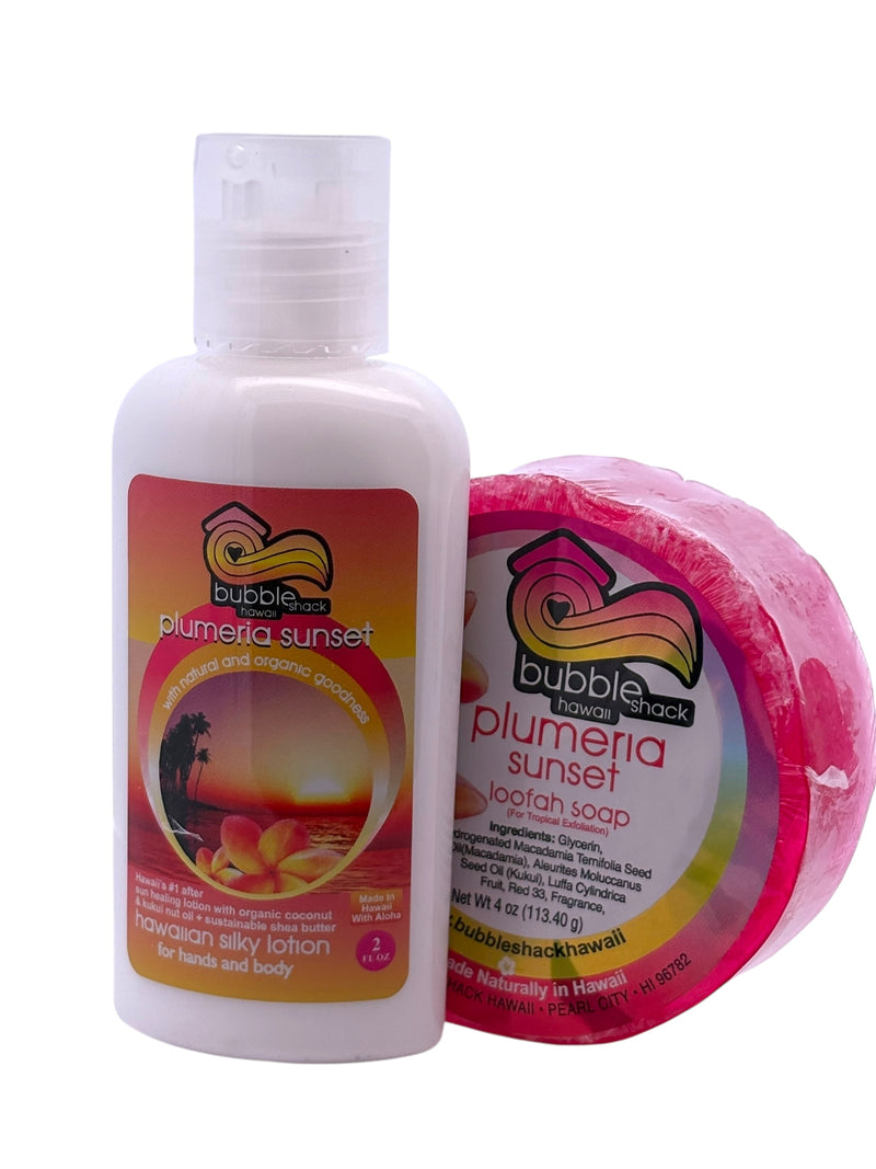 MADE IN HAWAII, Plumeria Sunset Mini Lotion and Loofah Soap Gift Set.