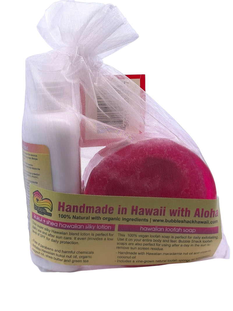 MADE IN HAWAII, Plumeria Sunset Mini Lotion and Loofah Soap Gift Set.