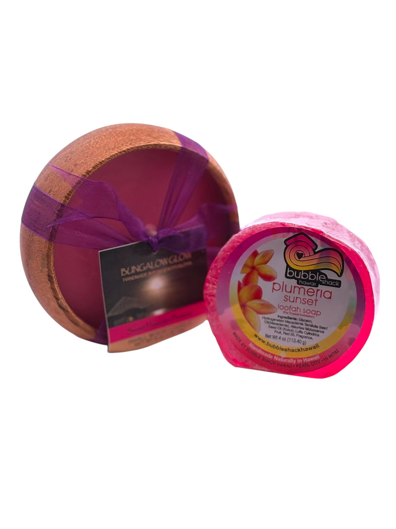 MADE IN HAWAII, Sweet Hawaiian Plumeria Loofah Lather/Soy Poi Candle Gift Set.