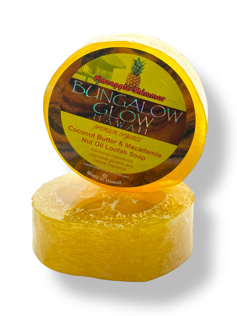 MADE IN HAWAII.Pineapple Shimmer Premium Organics Coconut Butter Sticker Loofah Soap