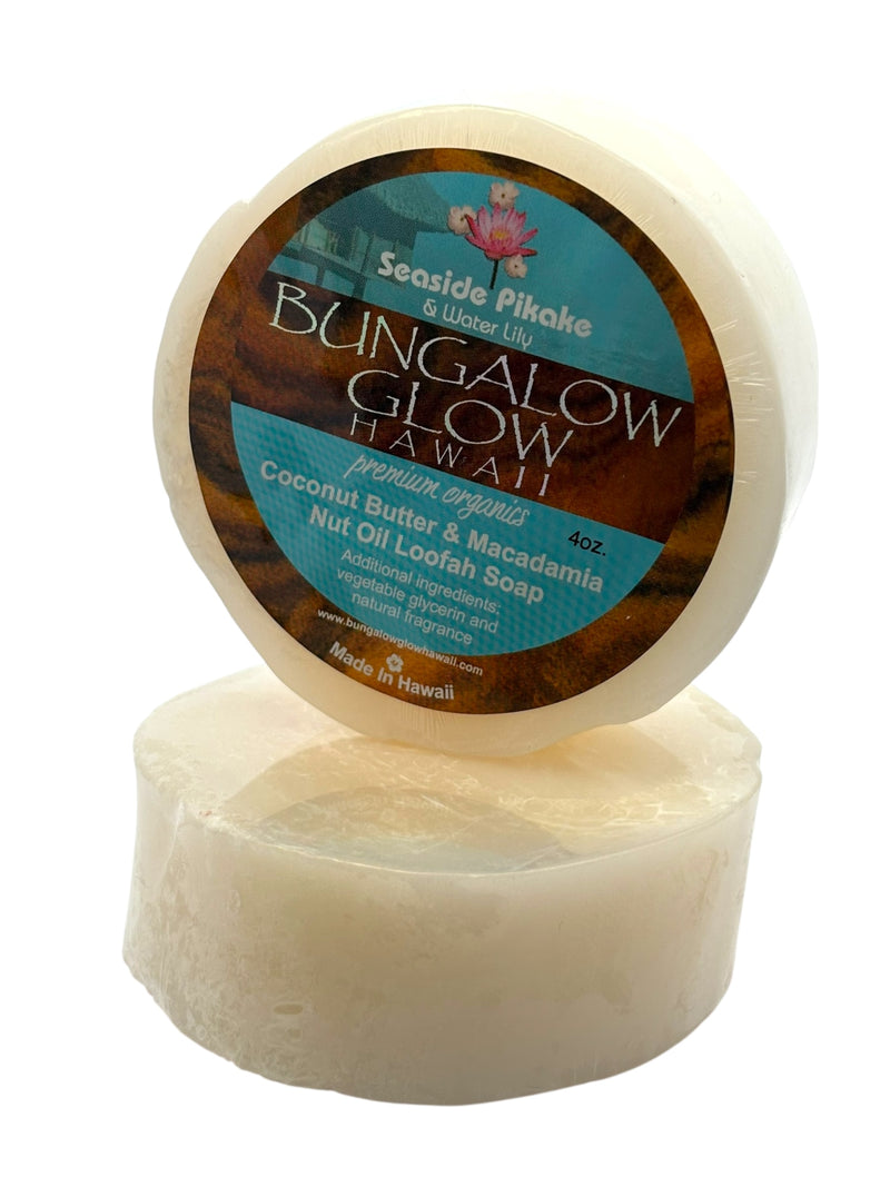 MADE IN HAWAII.Seaside Pikake + Water Lily Premium Organics Coconut Butter Loofah Soap