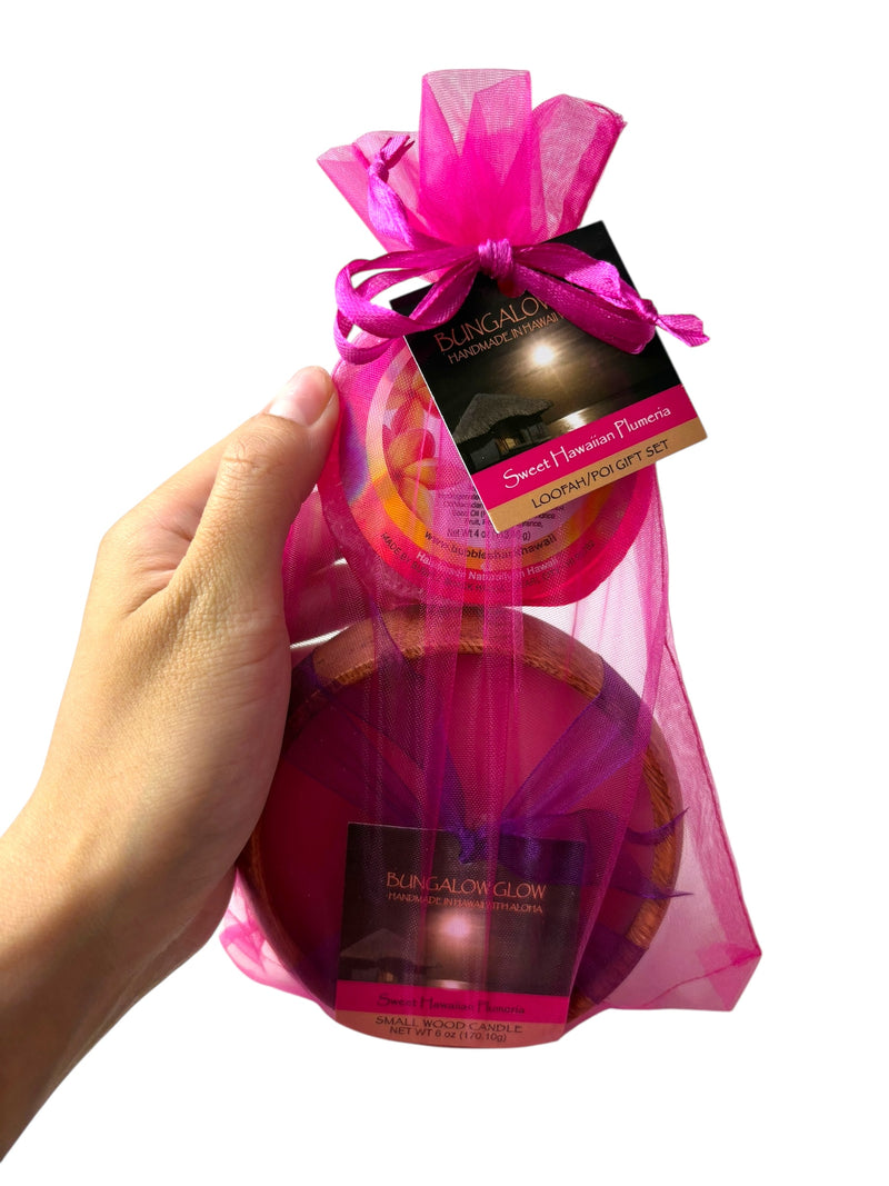 MADE IN HAWAII, Sweet Hawaiian Plumeria Loofah Lather/Soy Poi Candle Gift Set.