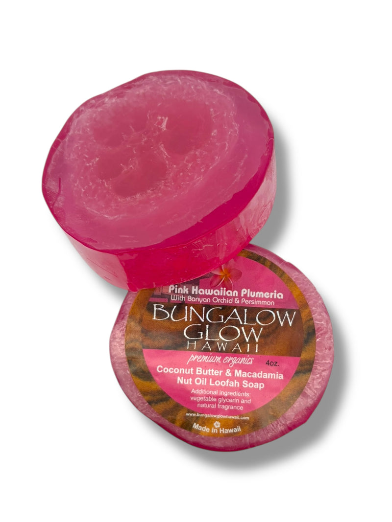 MADE IN HAWAII. Pink Hawaiian Plumeria Premium Organics Coconut Butter Sticker Loofah Soap