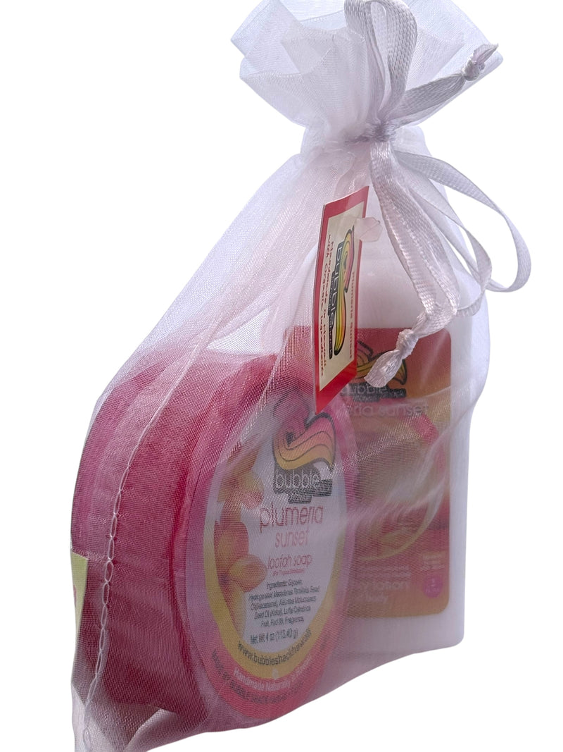 MADE IN HAWAII, Plumeria Sunset Mini Lotion and Loofah Soap Gift Set.