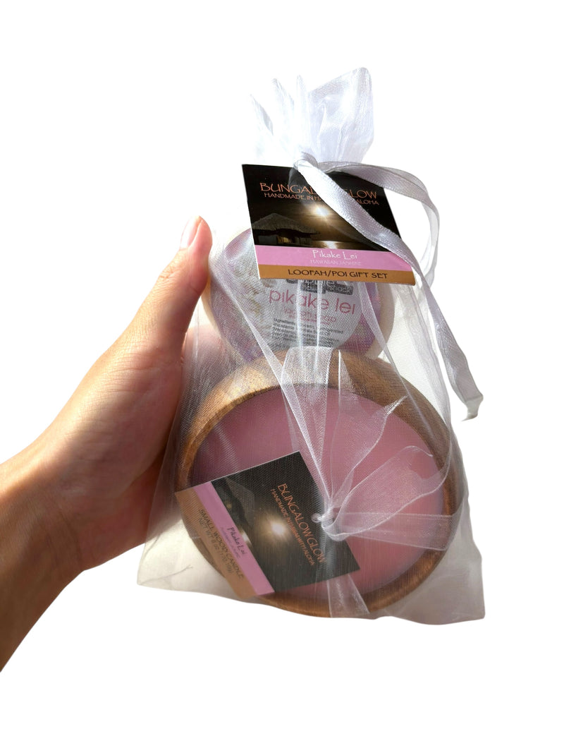 MADE IN HAWAII, Pikake Lei Loofah Lather/Soy Poi Candle Gift Set.