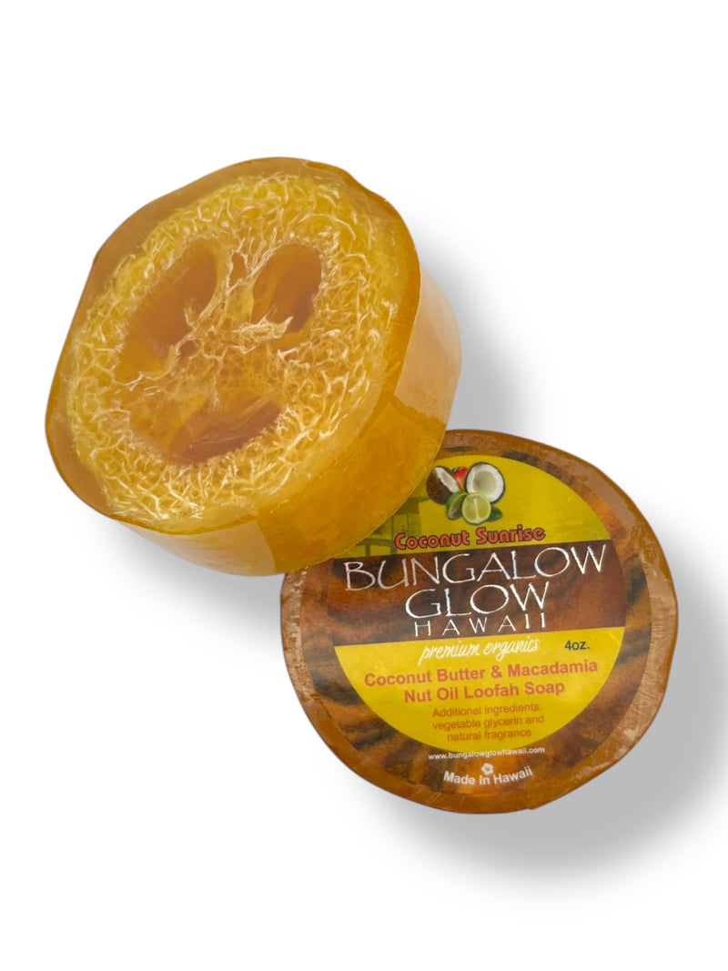 MADE IN HAWAII. Coconut Sunrise Premium Organics Coconut Butter Sticker Loofah Soap
