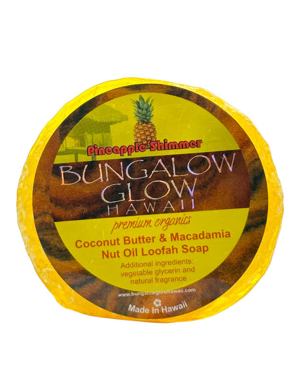 MADE IN HAWAII.Pineapple Shimmer Premium Organics Coconut Butter Sticker Loofah Soap