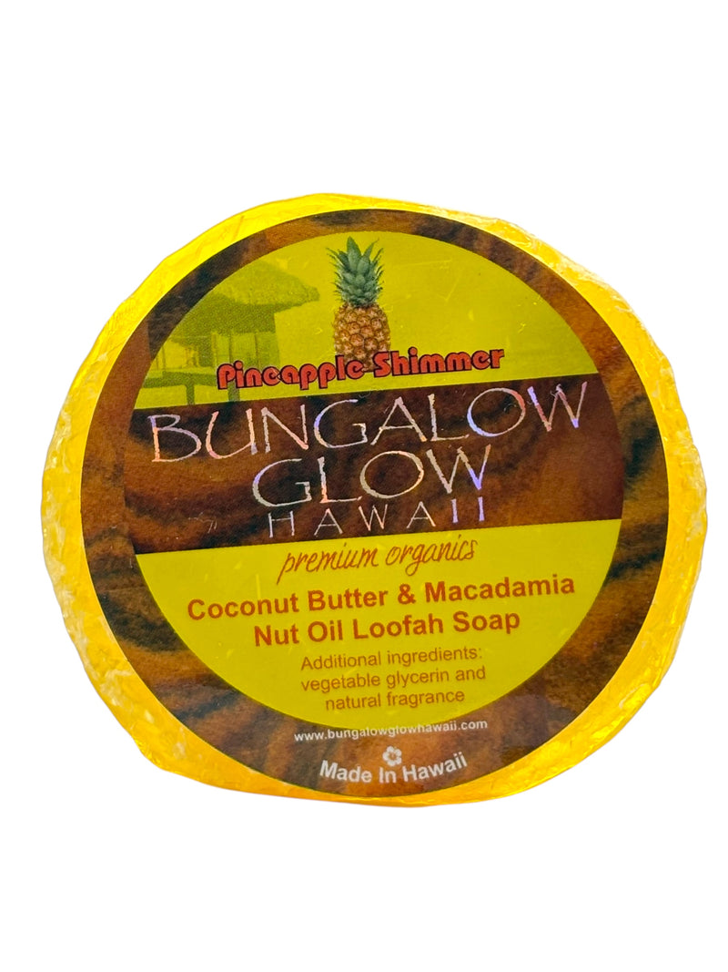 MADE IN HAWAII.Pineapple Shimmer Premium Organics Coconut Butter Sticker Loofah Soap