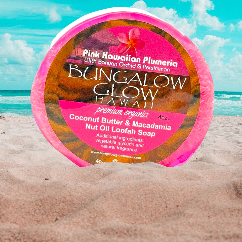 MADE IN HAWAII. Pink Hawaiian Plumeria Premium Organics Coconut Butter Sticker Loofah Soap