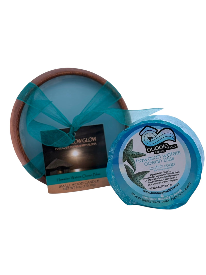 MADE IN HAWAII, Hawaiian Waters Ocean Bliss Loofah Lather / Soy Poi Candle Gift Set.