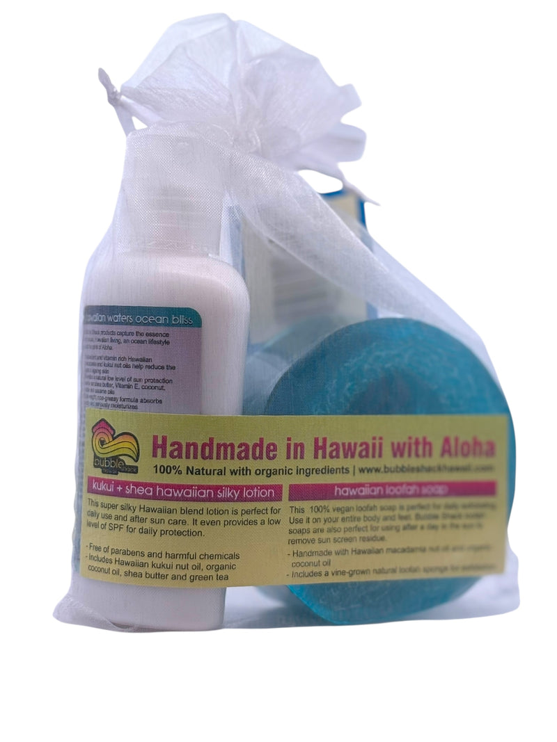 MADE IN HAWAII, Hawaiian Waters Ocean Bliss Mini Lotion and Loofah Soap Gift Set.